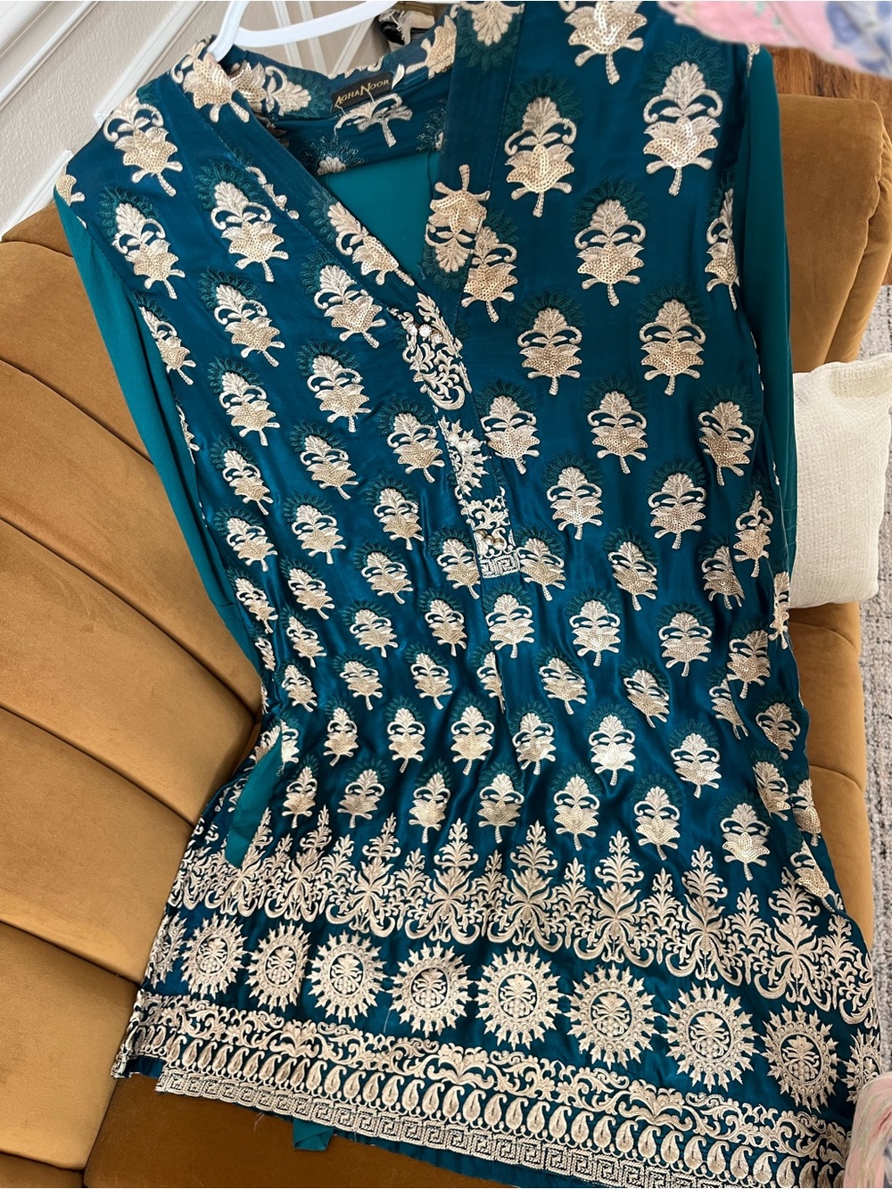 Embroidered Teal Midi Dress with Cream Accents